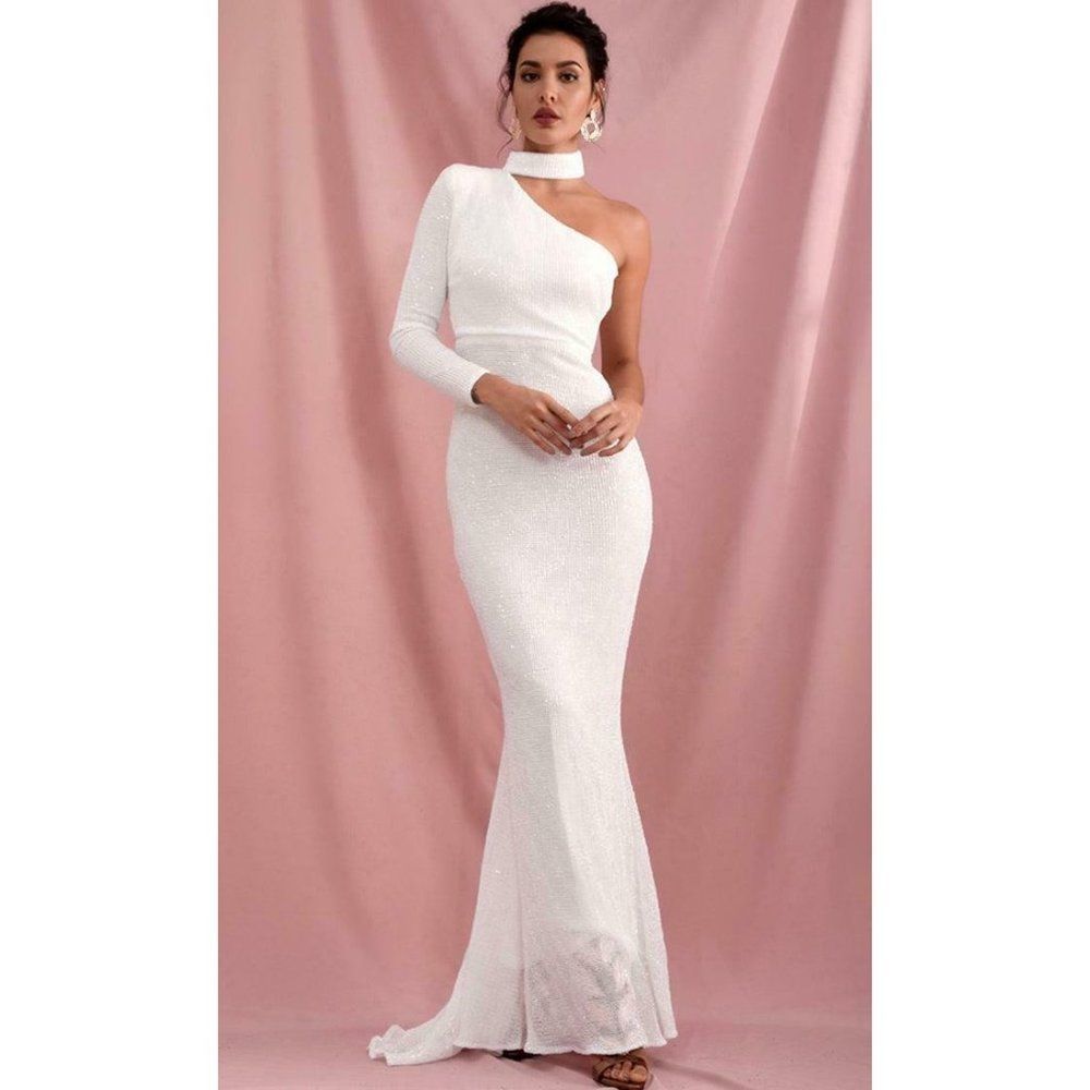 White Sequin Long Sleeve One Shoulder Mock Neck Bodycon Mermaid Maxi Dress NWT